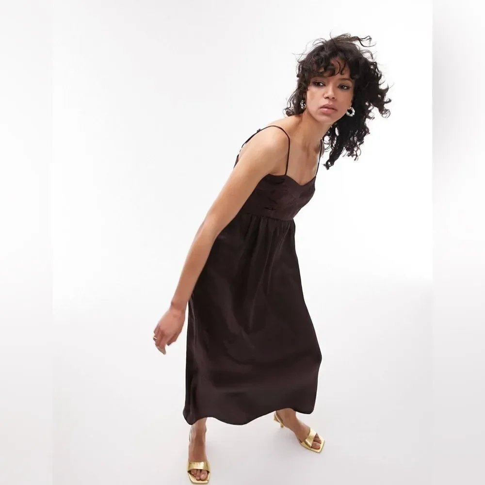 NWT TOPSHOP Corset Bust Satin Midi Dress In Chocolate-brown Size 10